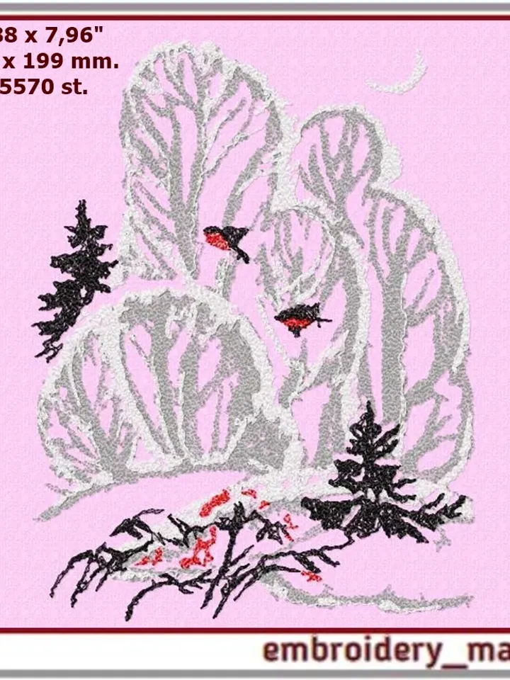 Digital machine embroidery design Winter landscape
