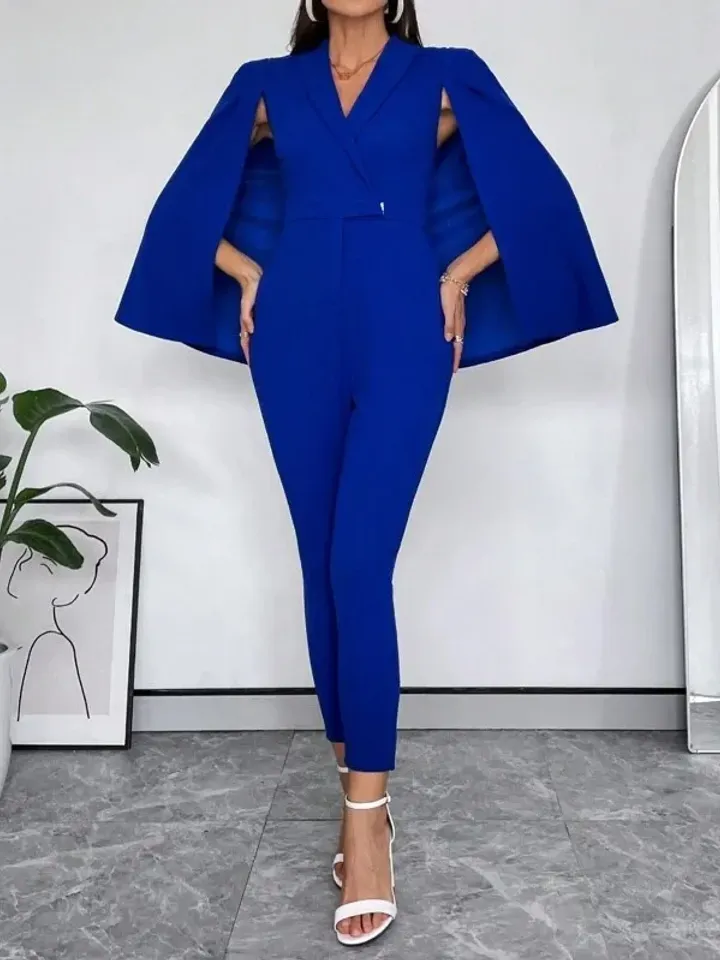 Elegant Blue Shawl Collar Cloak Sleeve Skinny Jumpsuit Pants Shirt Women Ladies Casual