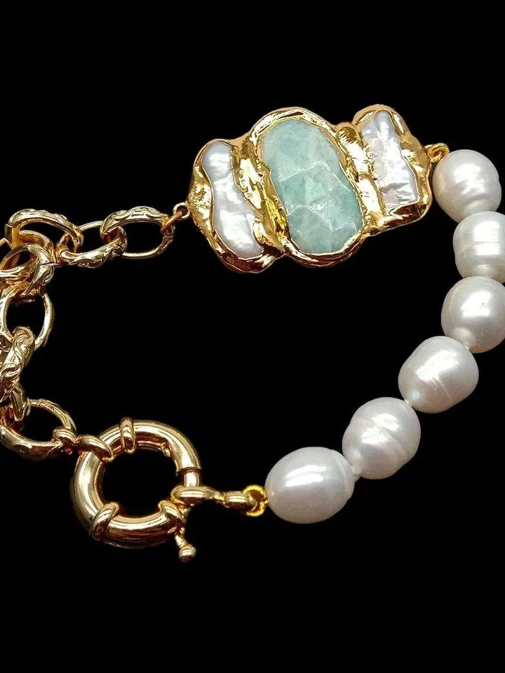 Amazonite Bracelet, Chunky Bracelet, Chunky Gold Bracelet, Gold Pearl Bracelet, Chunky Gemstone Bracelet, Chunky Pearl Bracelet, Bohemian
