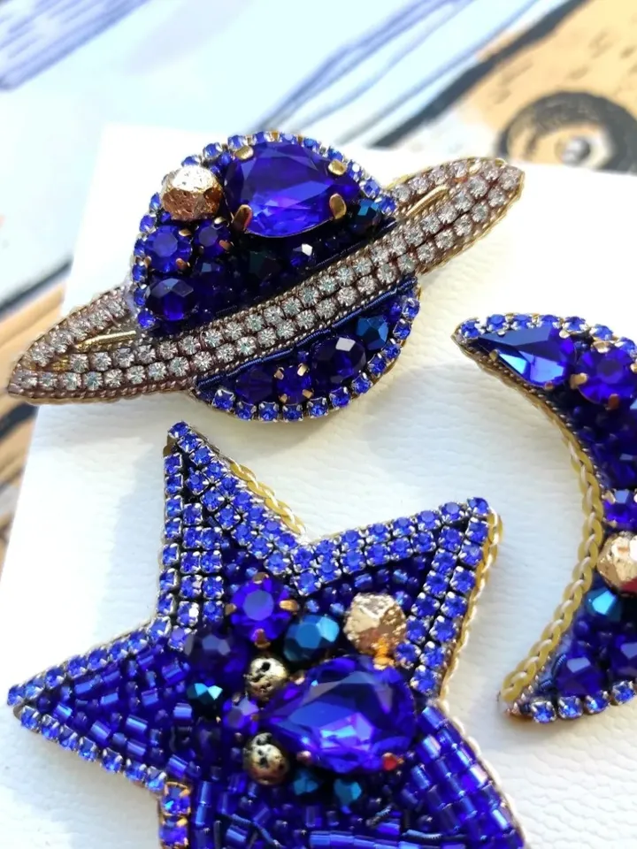 Set of brooches, star brooch, moon brooch, Saturn brooch, space pin, planet brooch, star and moon brooch, jewelry set
