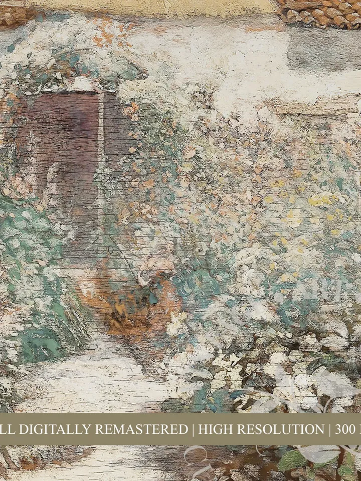 Cottage Oil Painting, Blossoming Garden Wall Art, Vintage Landscape, Printable Digital Farmhouse Decor | 47