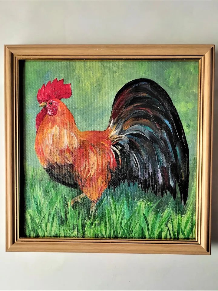 Rooster painting, Farm bird original art, Farm animal acrylic painting, Chicken portrait