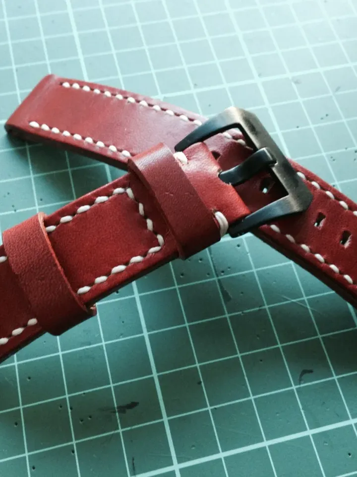 Handmade genuine Leather  Strap, Red Orange leather watch band, Cream white stitching and Black 20mm buckle watch strap for 20mm lug
