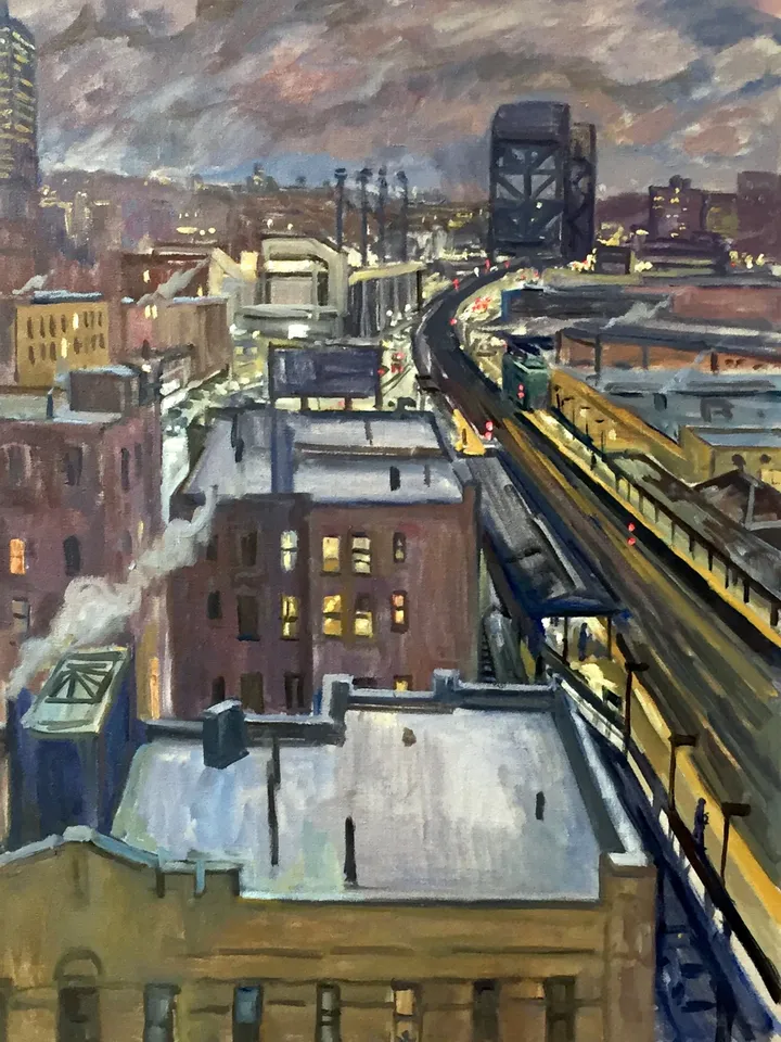 Large Original New York Cityscape Painting -Snowy Rooftops/NYC- 22x30 Oil on Canvas, Winter Impressionist Night Scene, Signed Landscape
