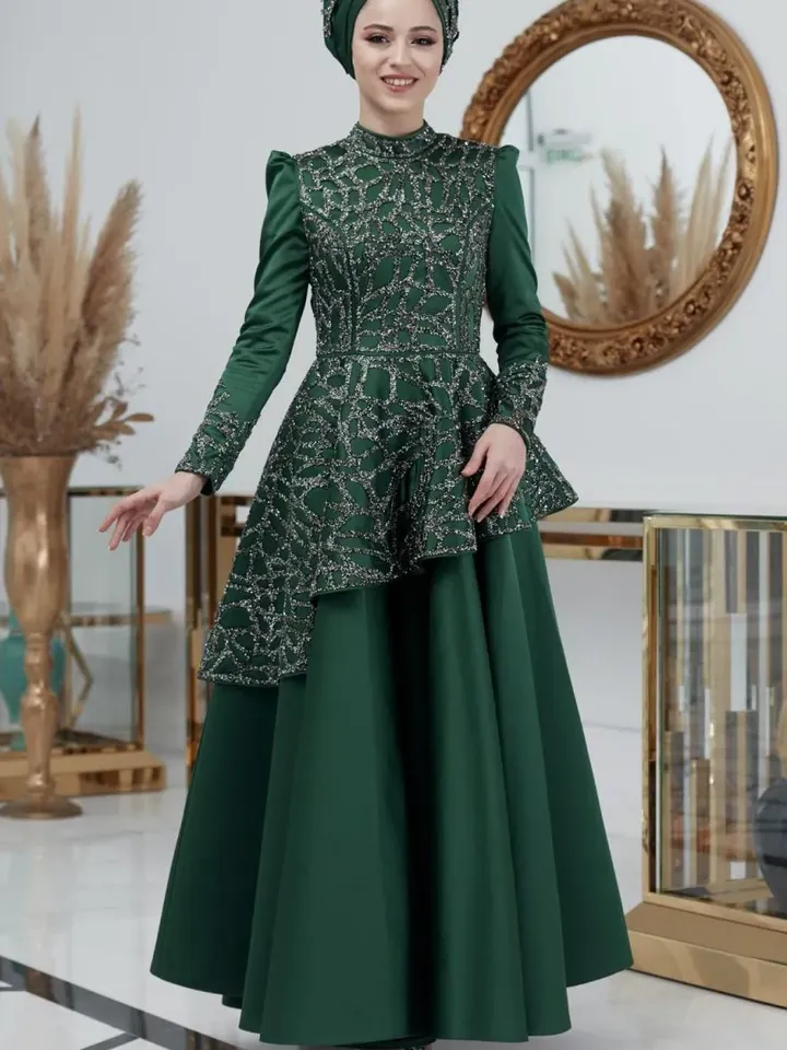AHUNARE HIJAB - Hürrem  Green Embroidered Wedding Dress, Muslim Evening Gown, Nikah, Islamic Wedding, Engagement, Bridesmaid,