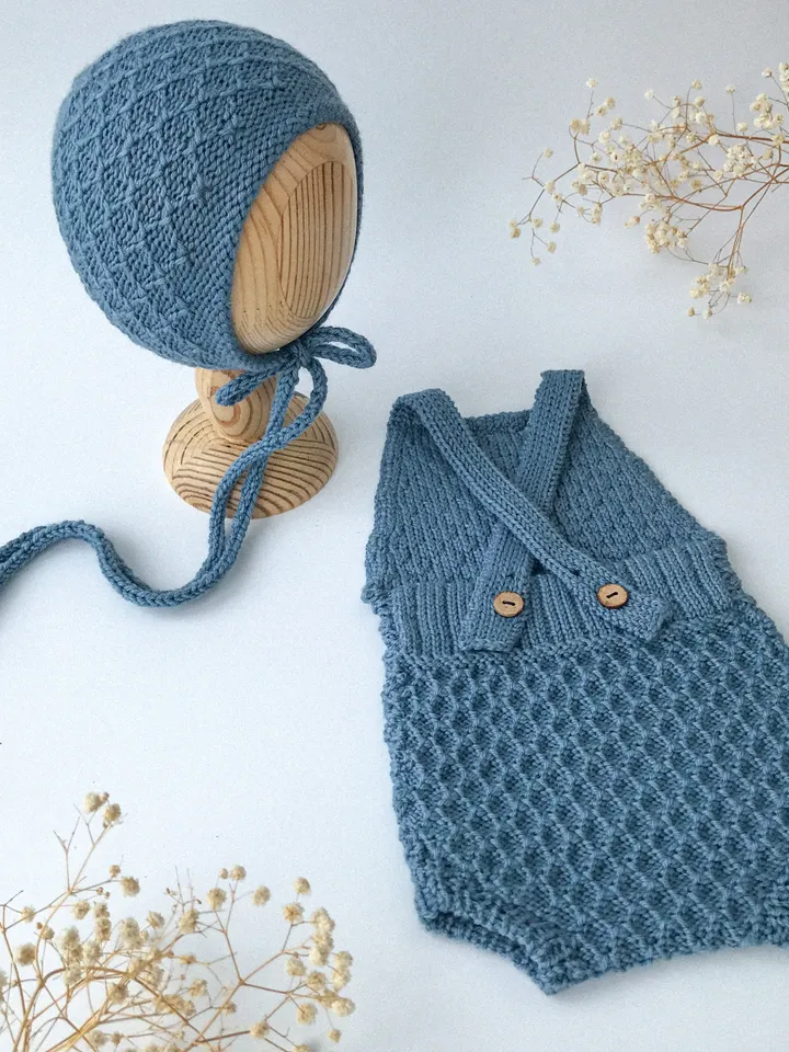Pre-order, Soft romper and bonnet, Newborn cute set for photoshoot, knit costume for baby boy, boys outfit as prop