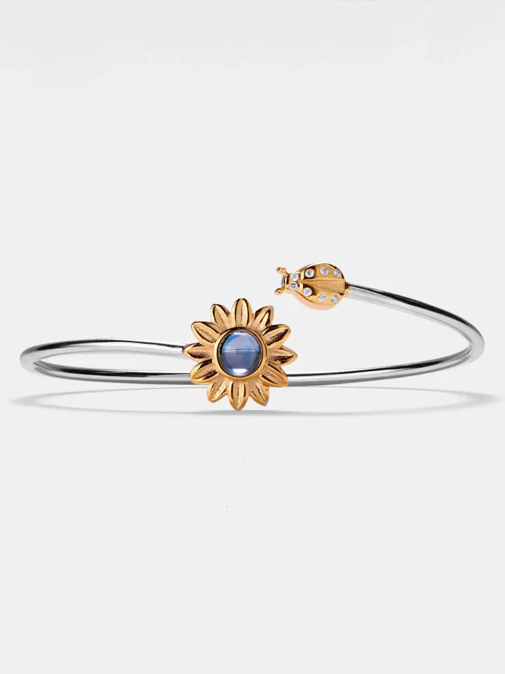 PERIMADE Sunflower Projection Bangle • Personalized Picture Inside Bracelet • Sterling Silver Keepsake Jewelry • Trendy Best Friend Gift