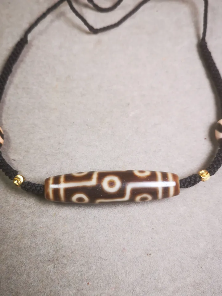 Gandhanra Antique Tibetan Dzi Bead Necklace,Nine Eyed Dzi (30 Years Old) + Tiget Tooth Bead, Attract Wealth and Good Luck