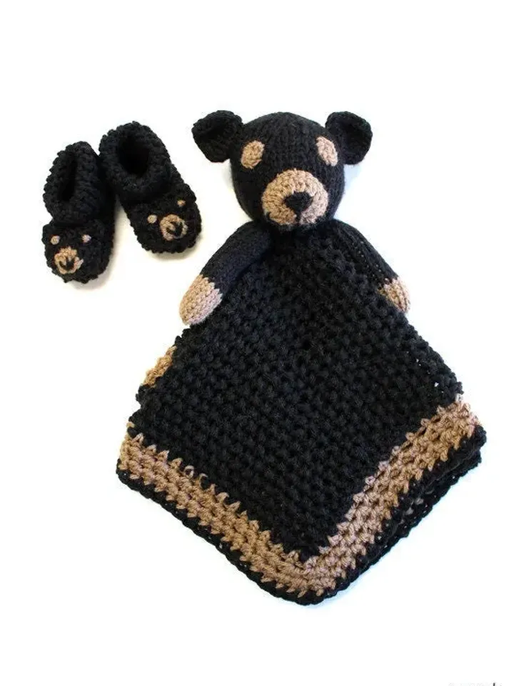 Black Bear Gift Set and Photoshoot Props, Woodland Animals Nursery Décor, Baby Shower Gift Ideas for New Moms, Crochet Lovies, Safari Animal