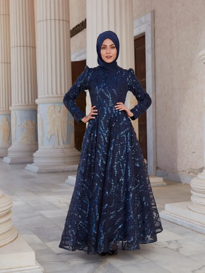 AHUNARE HIJAB - Salkım Navy Blue Embroidered Wedding Dress, Muslim Evening Gown, Nikah, Islamic Wedding, Engagement, Bridesmaid,