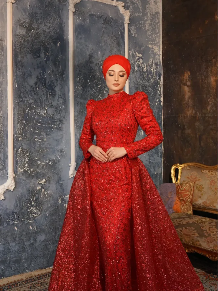 AHUNARE HIJAB - Versica Red Peplum Wedding Dress, Muslim Evening Gown, Nikah, Islamic Wedding, Engagement, Bridesmaid,