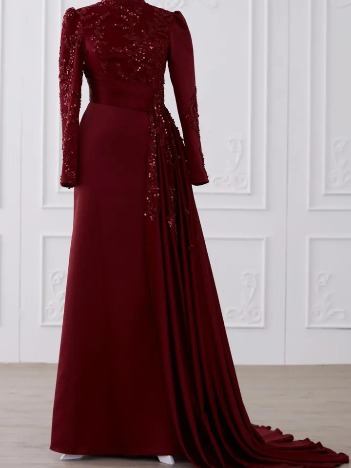 Tılsım Ahunare Burgundy Satin Wedding Dress, Muslim Evening Gown, Nikah, Islamic Wedding, Engagement, Bridesmaid, Maxi Dress