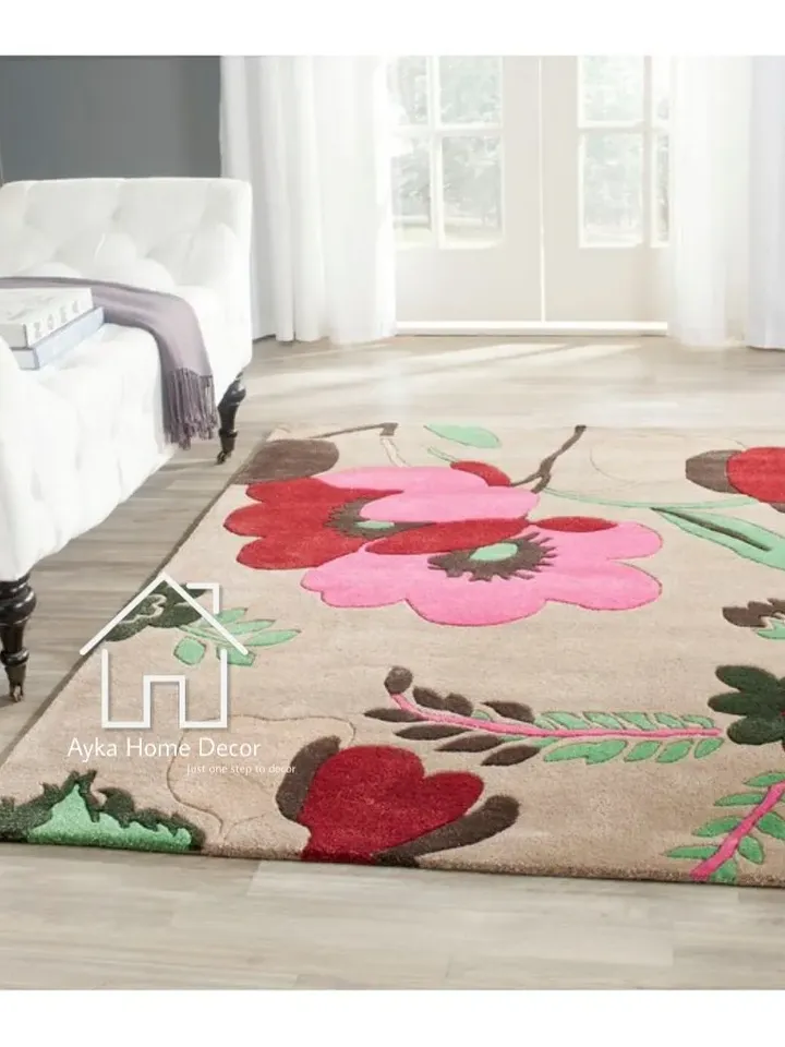Ayka 100% Pure Woolen Area Rug For Hall Kitchen Living Room Bed Room Dining Room Kids Room Carpet / Beige Color Rug / Flower Rugs Christmas