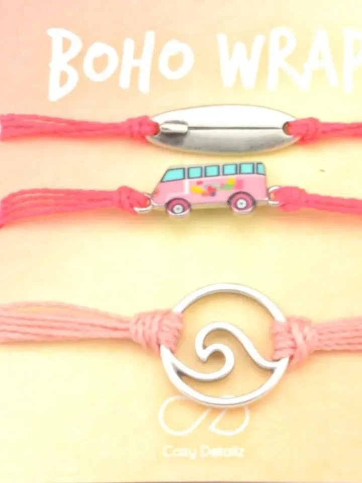 Set of Three Surfer Staking Bracelets, Pink Van WV Surf Board Wave Beach Jewelry, Bohemian Festival Summer Jewellery Minimal String Bracelet