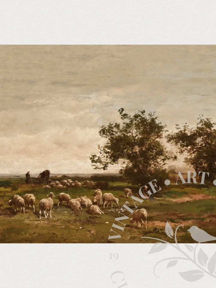Vintage Landscape with Sheep Oil Painting, French Farmhouse PRINTABLE Art, Rustic Home Wall Decor Downloadable | 129