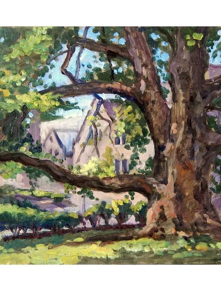 Bryn Mawr Landscape Painting - Old Tree at Rhoads/Bryn Mawr College- 9x16 Oil on Panel, Plein Air Impressionist Fine Art, Signed Original