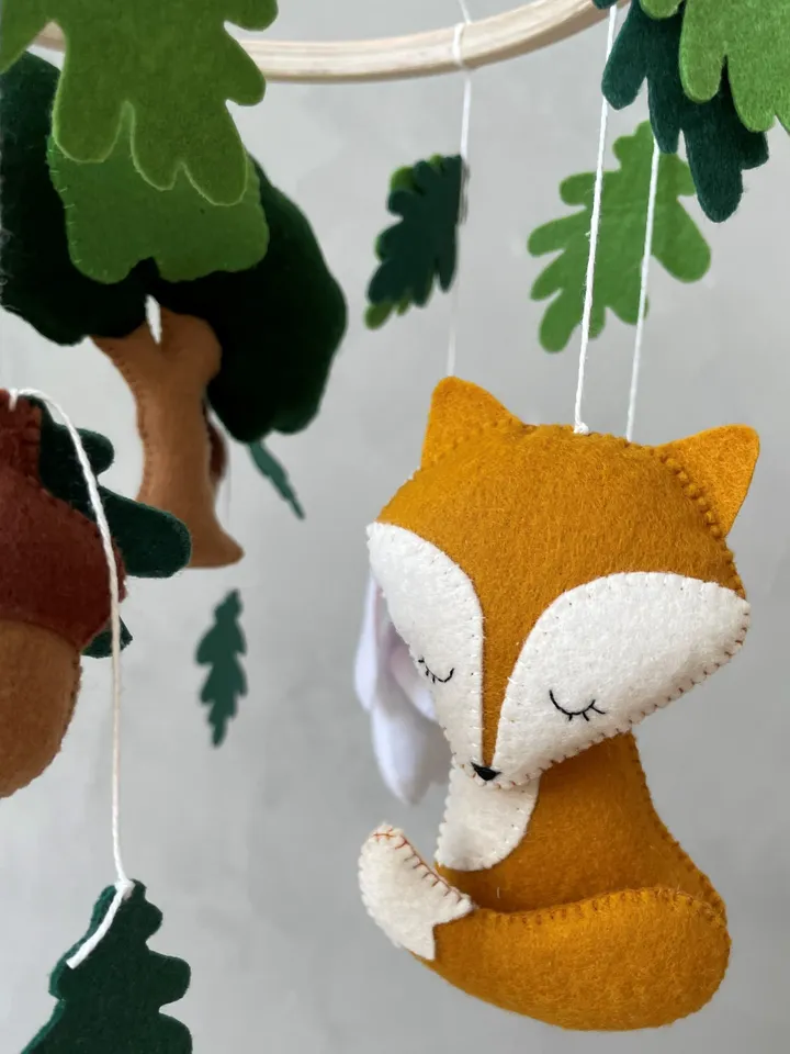 Woodland mobile baby nursery decor. Bunny dear fox mobile. Forest animals neutral baby mobile. Hanging crib mobile