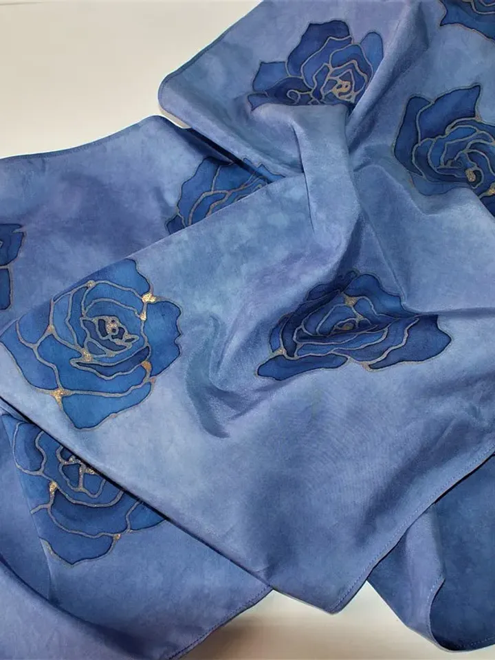 Silk cotton blend scarf Hand painted scarf Indigo blue scarf wrap Floral scarves