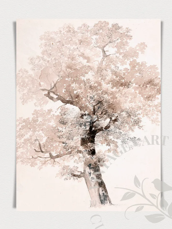 Tree Painting Vintage Sketch Art Print Watercolor Painting, Printable Large Wall Artwork, Digital Downloadable Rustic Decor | 330