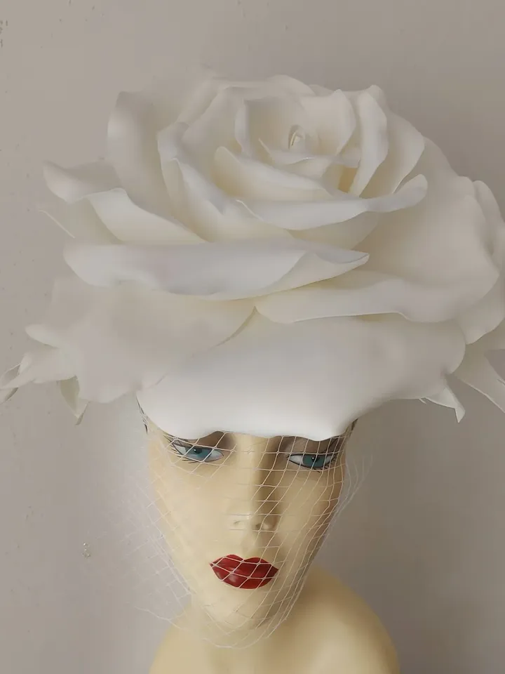 Large white rose veil Fascinator, Kentucky Derby Hat Wedding Headband, Bride 2024