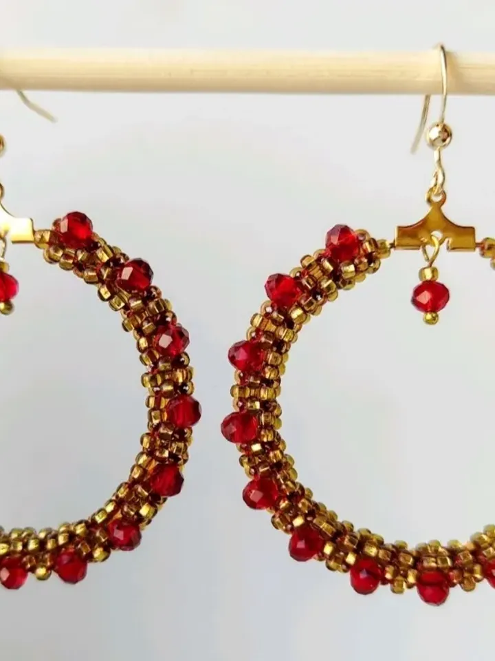 Hoop earrings with red faceted beads beaded round earrings seedbead earrings boho jewelry