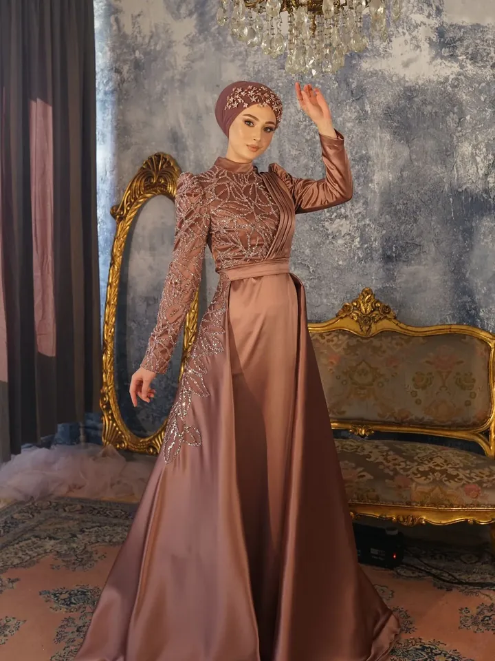AHUNARE HIJAB - Zade  Satin Copper Peplum Wedding Dress, Muslim Evening Gown, Nikah, Islamic Wedding, Engagement, Bridesmaid,