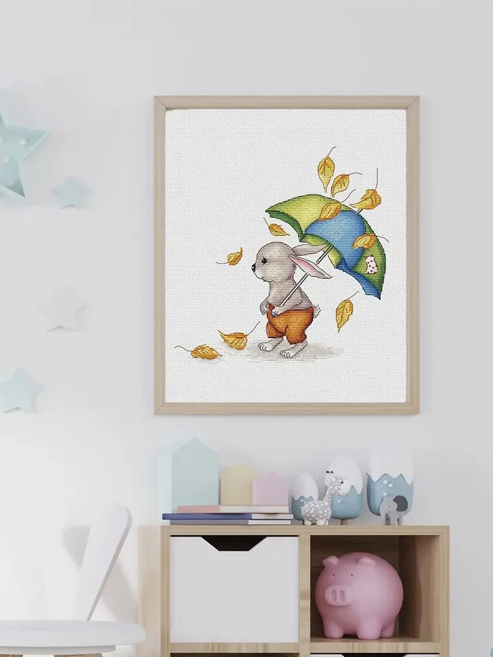 Rabbit Cross Stitch Pattern PDF, Animal Cross Stitch, Umbrella Embroidery, Funny Rabbit Embroidery, Instant Download PDF Design