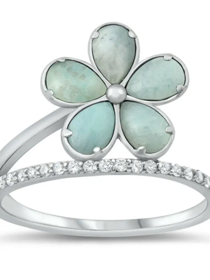 Sterling Silver Flower Ring, 925 Plumeria Ring with CZ Clear Stones Ring for Women Genuine Larimar Pectolite Stone
