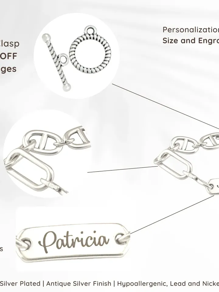 Custom Word Bracelet Engraved | Personalized Name Bracelet | Jewelry Gifts for Her | Women Silver Handmade Link Chain | Customized Engraving