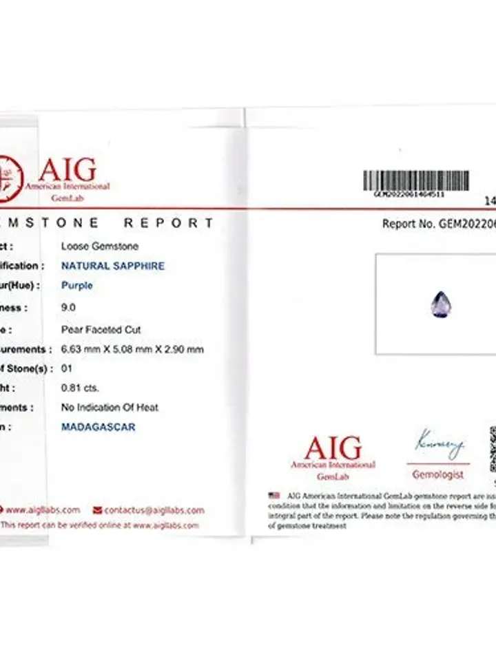 0.81 CT AIG Certified Exclusive Unheated 100%Natural Purple Sapphire Madagascar