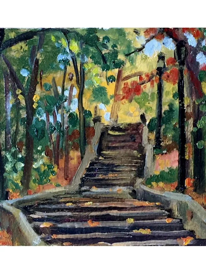 Small New York Park Landscape Painting - Isham Steps/Autumn - 6x6 Oil on Panel, Urban Impressionism, American Fine Art, Signed NYC Original