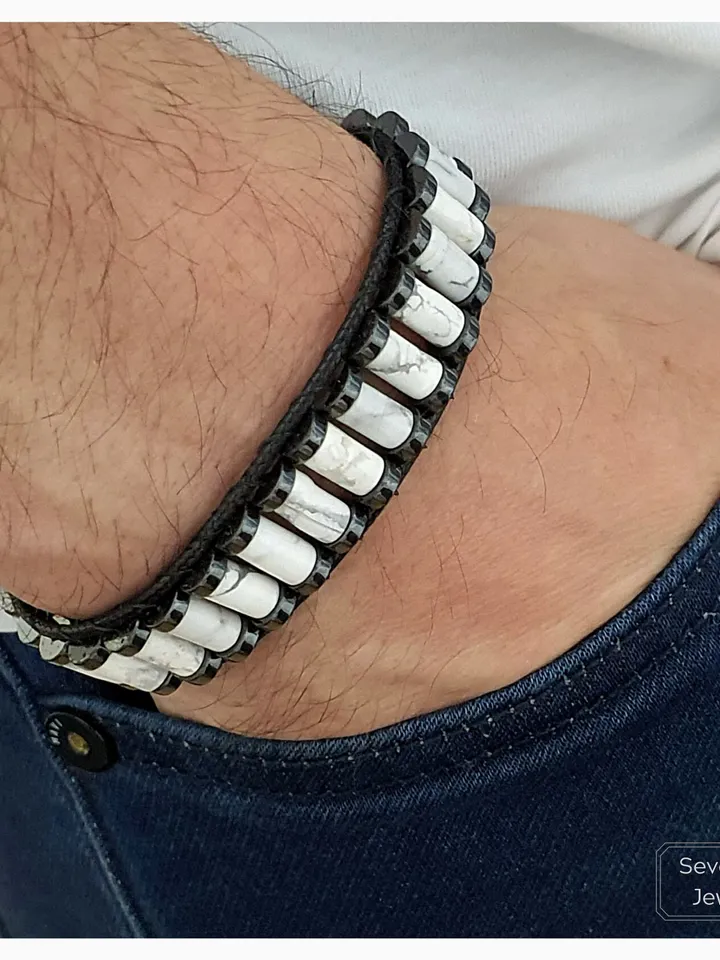 Original Howlite Bracelet, Hematite Gemstone Wristlet, Special Design Jewelry, White Gemstone, Gifts For Women, Men, Valentine's Gifts