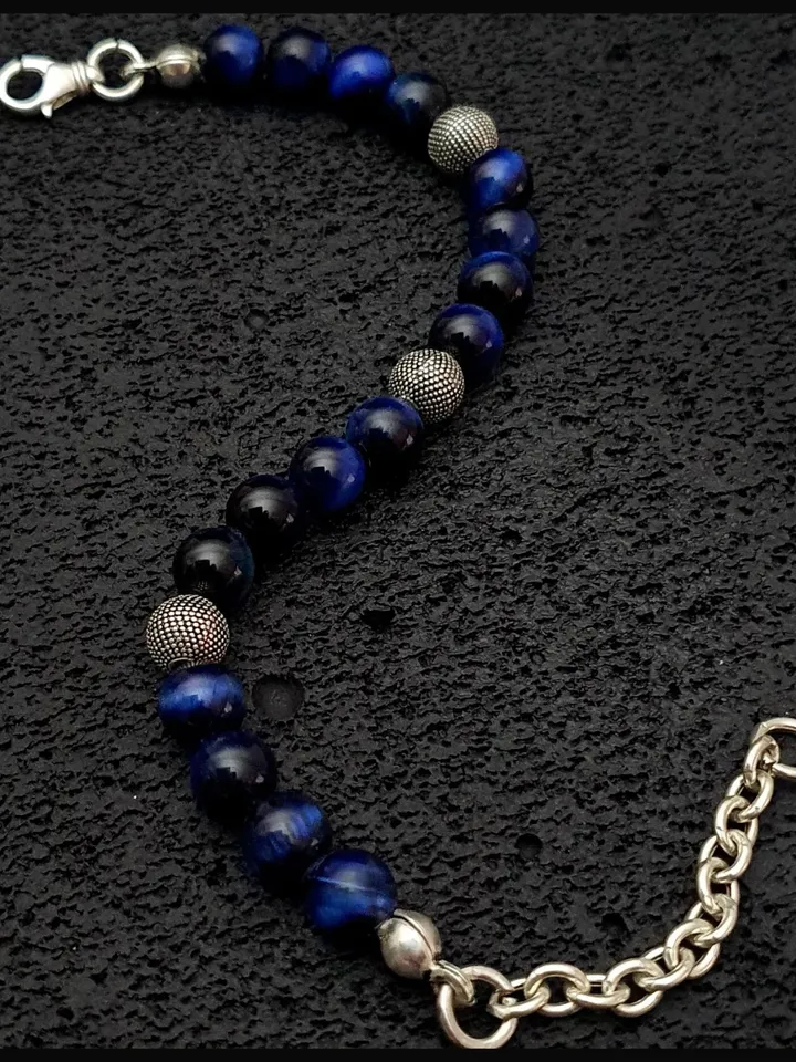 Navy Tiger's Eye Silver Bracelet, Masculine Bracelet, Silver Bracelet for Men, Gift For Your Loved One, Handmade Gemstone Silver Bracelet