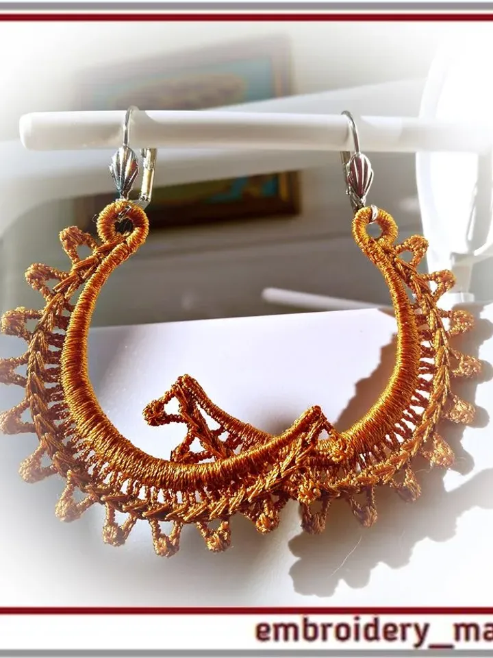 ITH FSL embroidery design earrings and a crescent shaped pendant 2