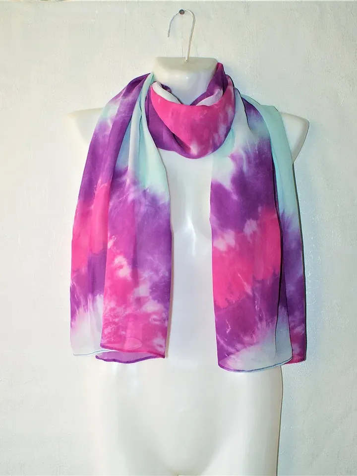 絲巾 Tie dye scarf Chiffon woman scarf Blue purple pink silk shawl Hand dyed scarf