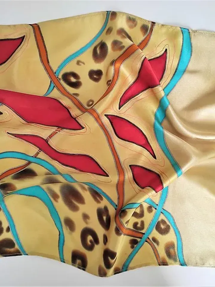 Small square silk neck scarf Red and gold silk scarf hand painted batik