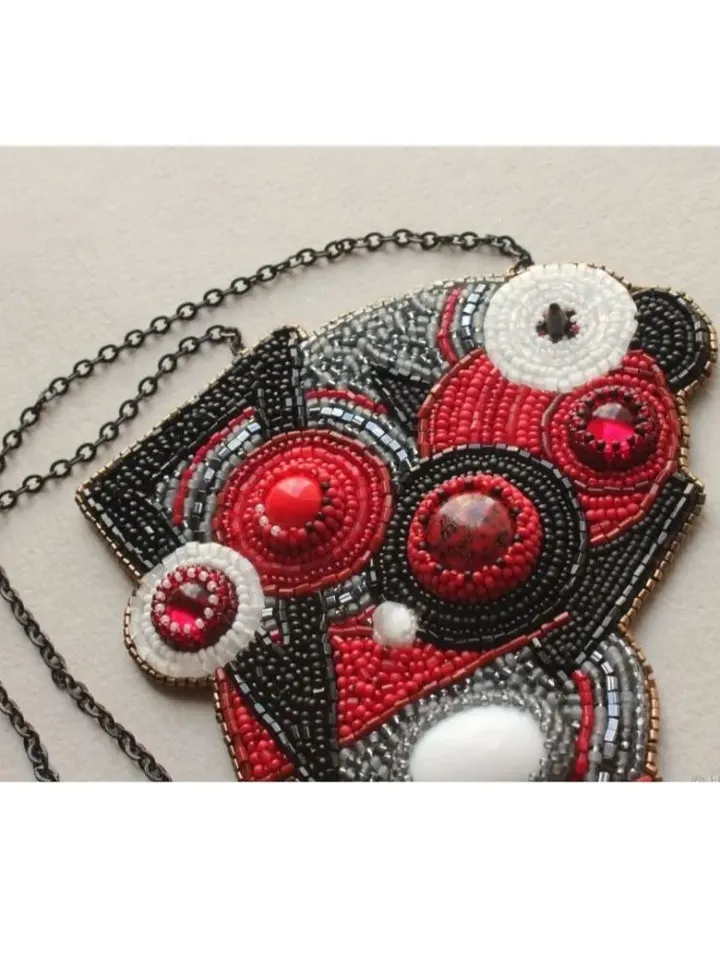 Abstract triangular beaded pendant necklace modern jewelry red black white modern Abstraction