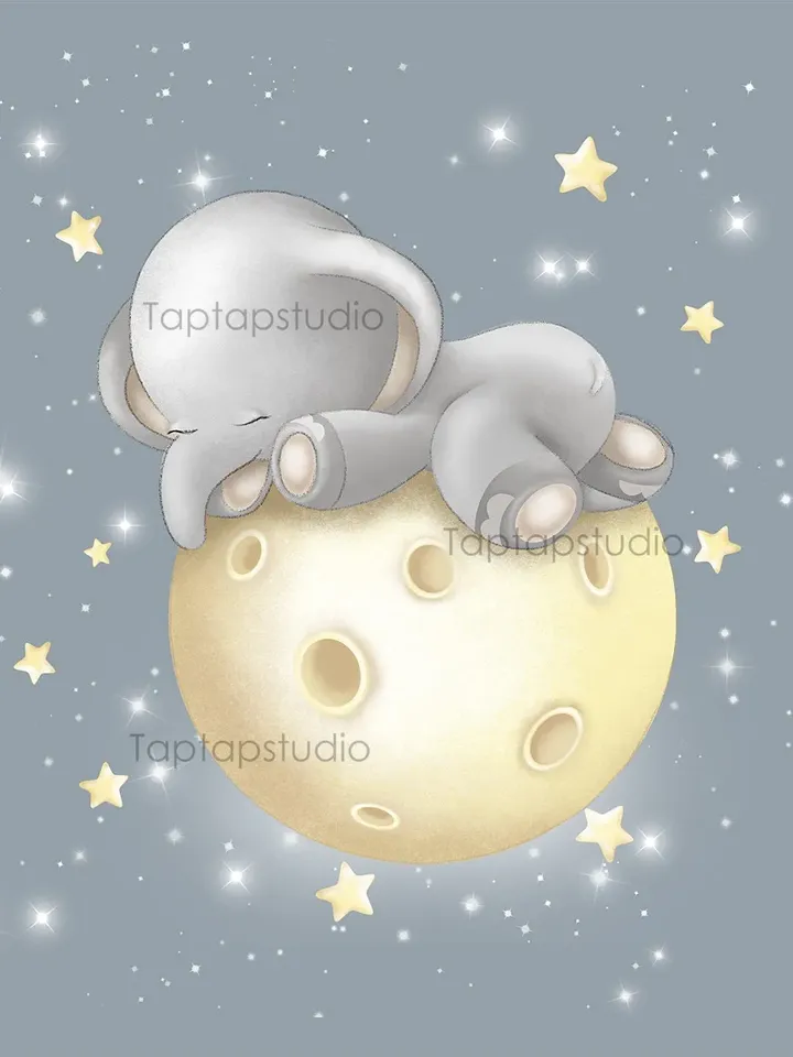 cute sleeping little elephant moon digital print, png printable, Watercolor illustration, baby shower invitation, Clipart, animal, nursery