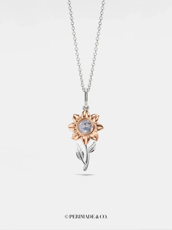 PERIMADE Silver Stereoscopic Sunflower Projection Necklace • One Hundred Language Jewelry • Custom Memorial Photo Pendant • Best Friend Gift
