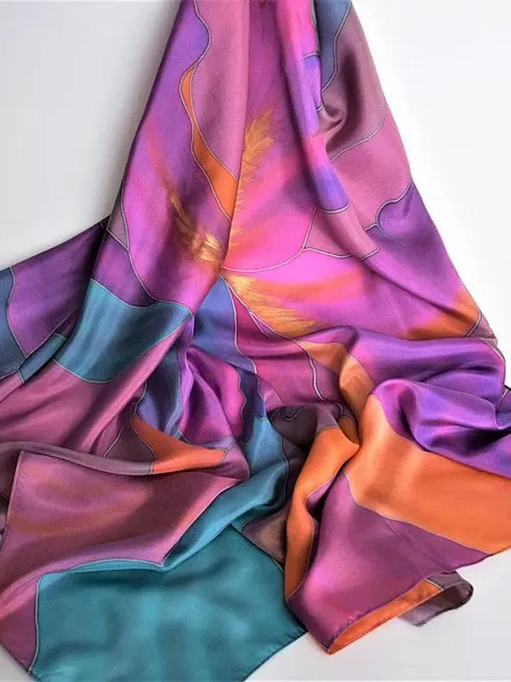 Bright square silk scarf Luxury hand painted silk scarf Floral silk head scarf