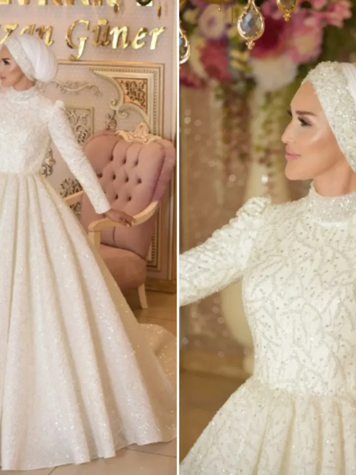 Bulut White Embroidered  Bright Princess Wedding Gown, Bridal, Muslim Wedding, Hijab Wedding, White Wedding Dress, Islamic Wedding