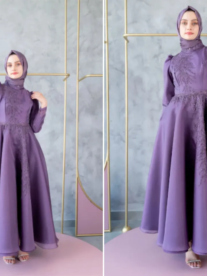 Mimoza Lilac Embroidered Ahunare Wedding Dress, Muslim Evening Gown, Nikah, Islamic Wedding, Engagement, Bridesmaid, Maxi Dress