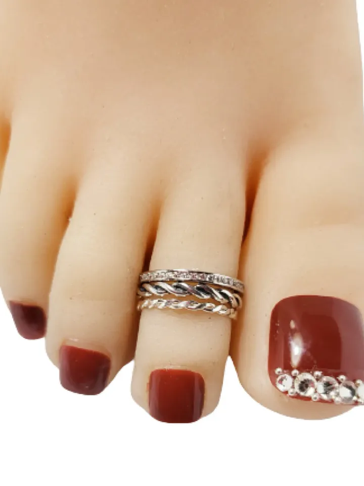 Sterling silver Toe Ring Set, Stacked toe rings, 3 pieces for Women, clear crystal toe ring, Braid Toe Ring, Eternity ring, Braid twist