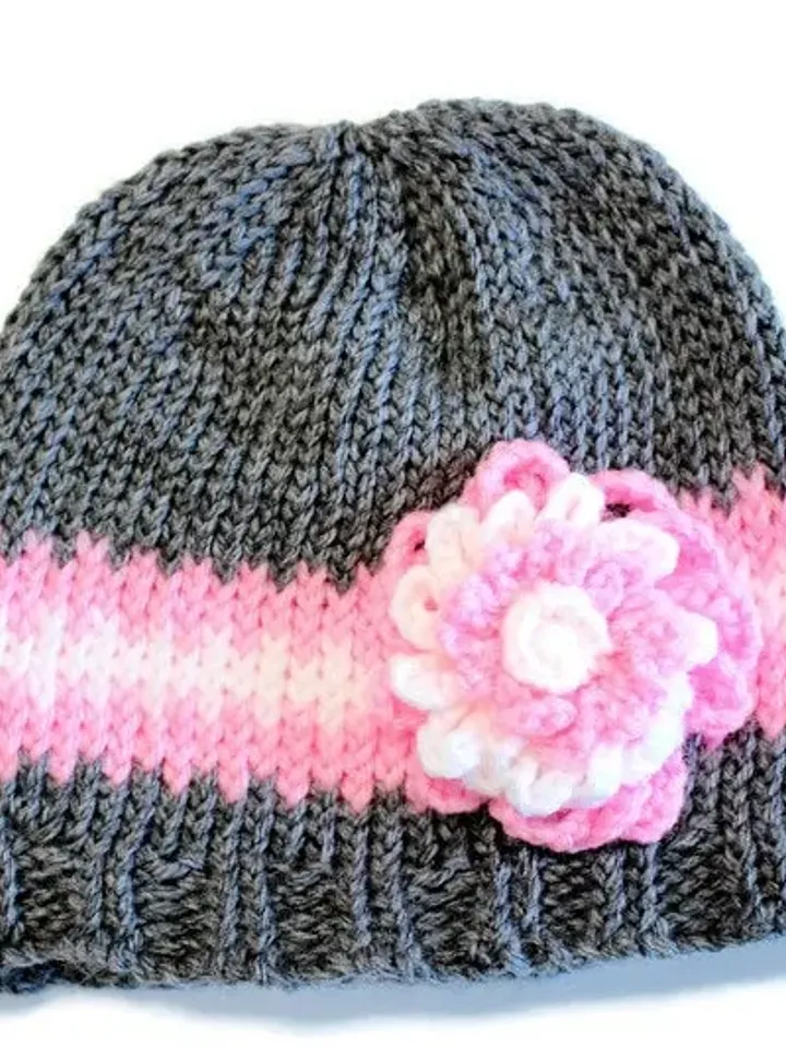 Little Girls Pink and Gray Hat with Flower, Toddler & Child Hats, Birthday or Christmas Gift Ideas for Girls, Sizes: 1-3 years or 4-12 years