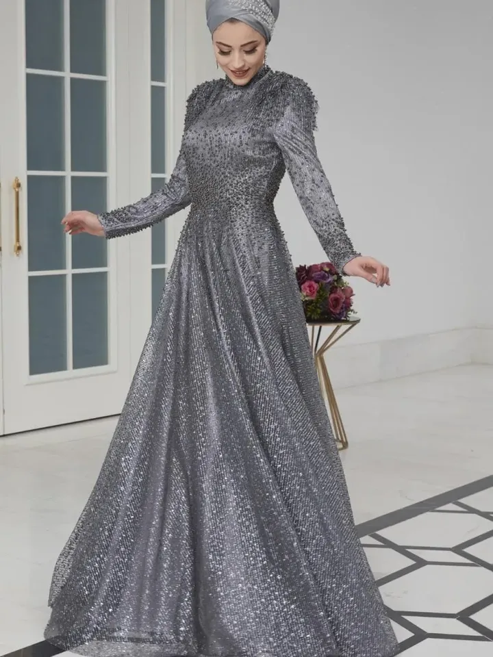 AHUNARE HIJAB - Firuze Grey Tulle Wedding Dress, Muslim Evening Gown, Nikah, Islamic Wedding, Engagement, Bridesmaid,