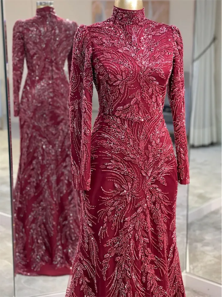 AHUNARE HIJAB - Çiçek Red Mermaid Tailed Embroidered  Wedding Dress, Muslim Evening Gown, Nikah, Islamic Wedding, Engagement, Bridesmaid,