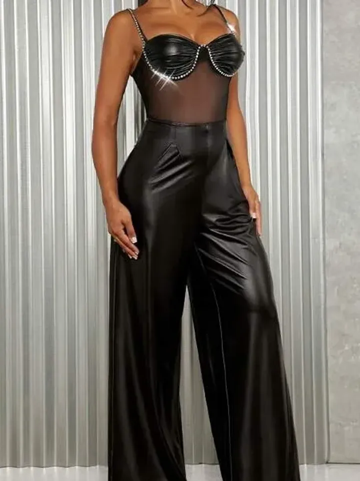 Faux PU Leather Rhinestone Beaded Spaghetti Strap Wide Leg Mesh Bustier Jumpsuit Women Ladies Casual Party Club