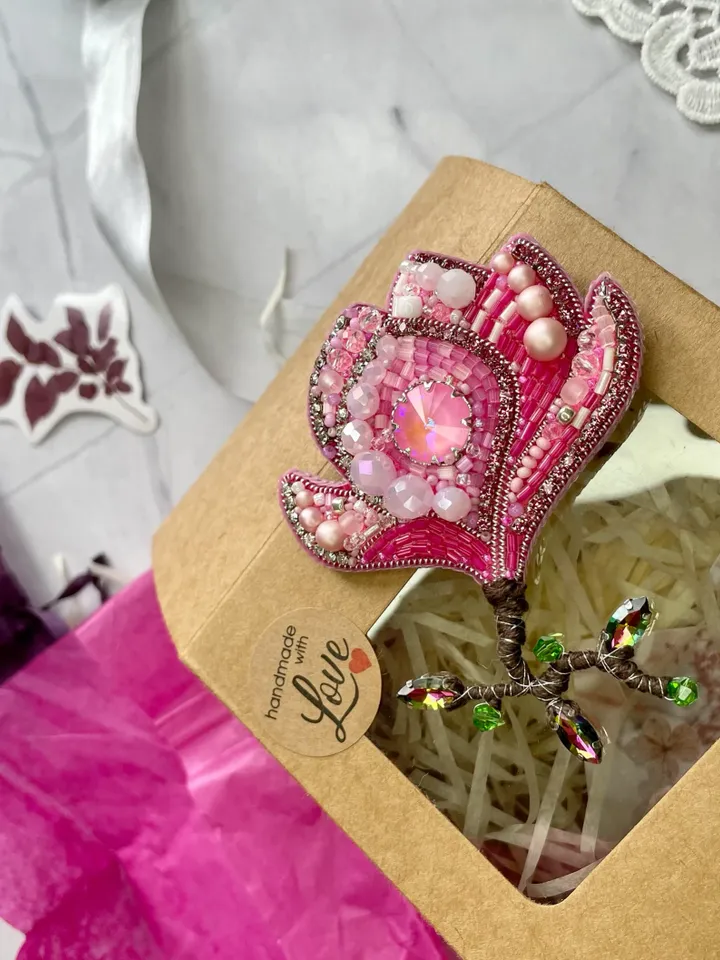 Magnolia Beaded Brooch, Handmade Embroidered Accessory, Crystal Flower of Pink Color Pin, Flower Brooch, Pink Flower