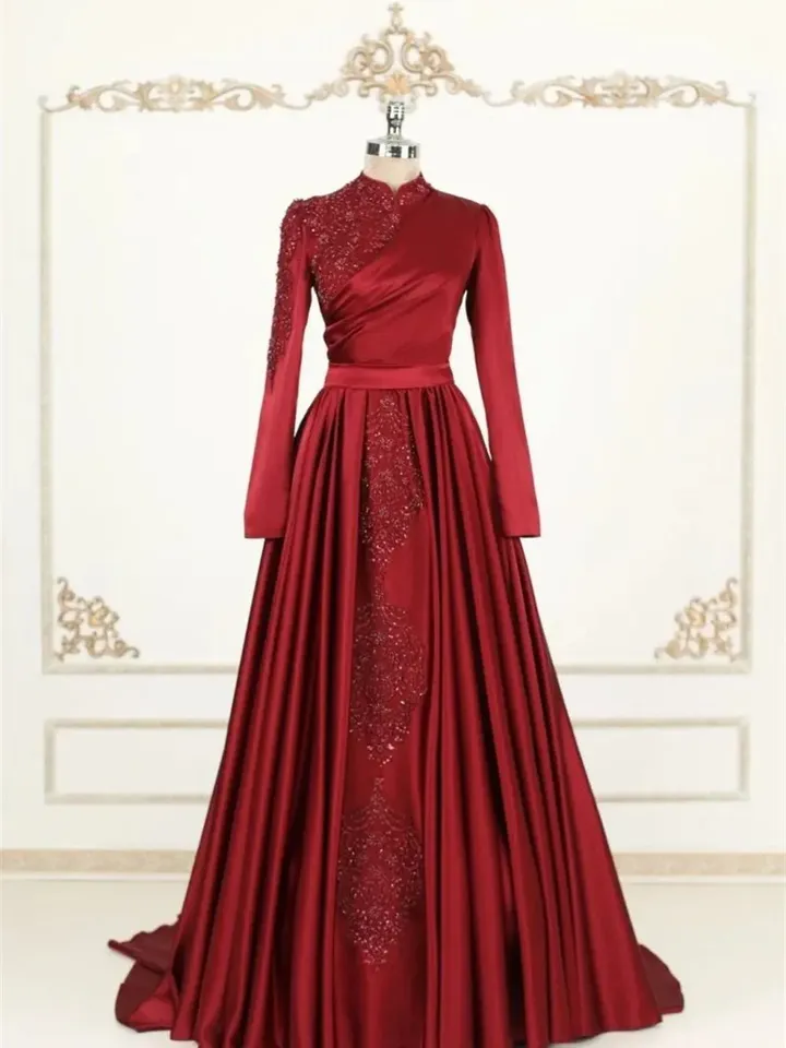 AHUNARE HIJAB - Hürrem Burgundy Embroidered Wedding Dress, Muslim Evening Gown, Nikah, Islamic Wedding, Engagement, Bridesmaid,