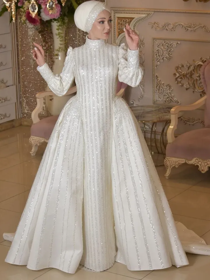 Hatun White Embroidered Bright Peplum Mermaid Wedding Gown, Bridal, Muslim Wedding, Hijab, White Wedding Dress, Islamic Wedding